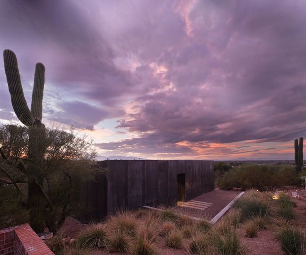 A low, dark-clad modern structure embedded in an arid desert landscape, approached by a narrow paved path through native grasses and scrub. Tall saguaro cacti frame the scene, with an expansive purple and pink sunset sky beyond the distant horizon.