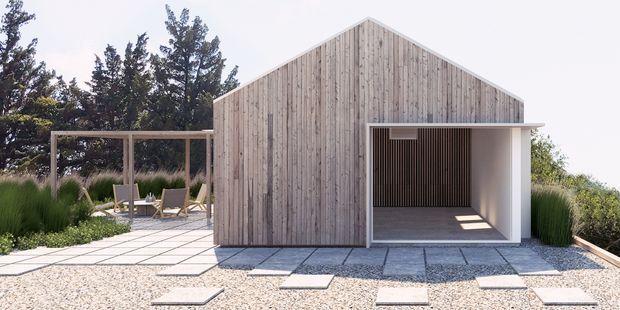 A contemporary single-storey pavilion with a simple gabled form, clad in vertical pale timber boards. A large open garage-like bay or covered outdoor room occupies the right side, while a timber-framed glazed or open pergola extends to the left with outdoor seating. The building sits within a landscaped garden, with gravel paving, large concrete stepping slabs, ornamental grasses and mature trees.