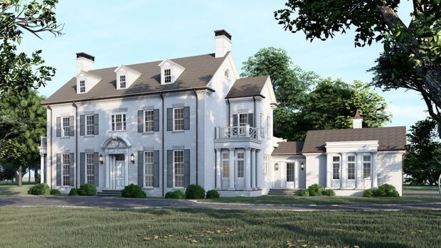 A rendered exterior view of a large symmetrical two-storey white-painted residence with a steep hipped roof, multiple dormer windows, tall multi-pane sash windows with shutters, prominent classical entry detailing, a projecting bay, and a connected single-storey side wing. The home is set within a landscaped suburban or rural site with mature trees and lawn.
