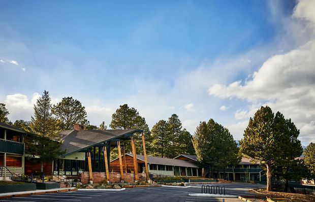 Exterior view of a low-rise, single-storey building complex set among mature trees. The buildings feature dark horizontal cladding, broad low-pitched roofs, timber posts, large glazed openings, and a prominent covered entrance or walkway. A paved parking and access area occupies the foreground.