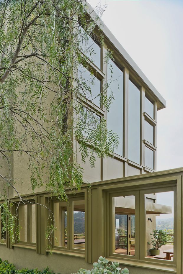Exterior architectural view of a contemporary multi-level home, showing a pale rendered facade with extensive timber-framed glazing, projecting window bays, and a covered lower-level opening. Mature leafy planting partially screens the building, while interior furnishings and a distant landscape are visible through the windows.