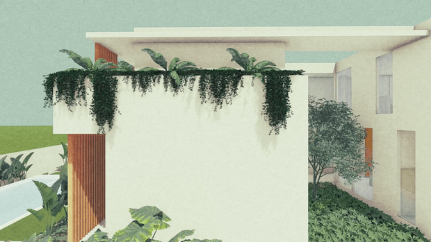 Stylized architectural rendering of a contemporary flat-roofed residence. The view focuses on a pale plastered exterior wall with lush cascading greenery and planter vegetation, complemented by warm vertical timber screening. A covered terrace or circulation zone and tall narrow windows are visible behind the main wall, with dense landscaping around the building.