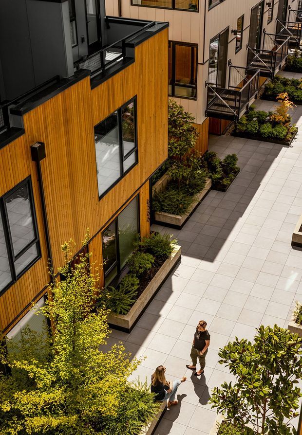 High-angle view of a landscaped paved courtyard between contemporary multi-storey buildings. The foreground building has warm vertical timber cladding, dark metal window and roof-edge detailing, and balconies. The opposite building has light-coloured cladding, dark-framed windows, and external metal staircases and walkways. Large tiled paving areas and raised planter beds with dense greenery define the shared outdoor space.