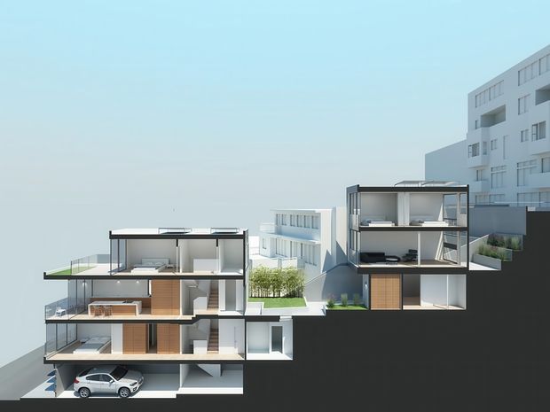 Architectural rendering of a contemporary multi-level residential development, showing two cutaway apartment or townhouse sections with open-plan interiors, terraces, balconies, landscaped courtyard areas, and an integrated car parking level. A larger white multi-storey apartment building rises in the background. The clean geometric forms, extensive glazing, flat rooflines, and pale neutral palette create a modern presentation.
