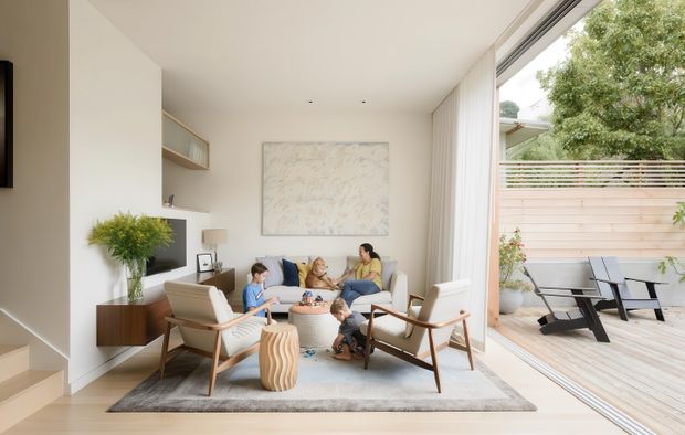 Bright contemporary living room opening onto a timber deck through large floor-to-ceiling sliding glazing. The room features a pale neutral palette, built-in timber-toned cabinetry, mid-century-inspired lounge chairs, a sofa, rug, sculptural side table, and family seating. A landscaped outdoor area with dining furniture is visible beyond the glazing.