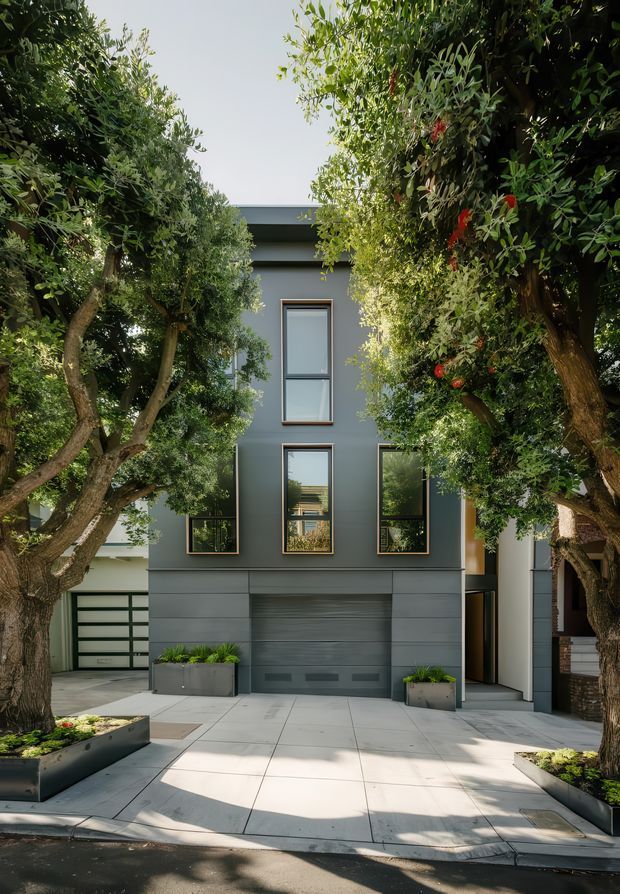 Street-facing view of a contemporary multi-storey urban residence framed by mature trees. The facade uses dark grey horizontal cladding or panels, tall rectangular windows with dark frames, a recessed garage door, and a paved entry forecourt with raised planter boxes. A partial neighbouring structure and garage are visible to the side.