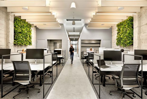 A bright, symmetrical open-plan commercial office interior with rows of individual workstations arranged along a central walkway. The space features white desks, black ergonomic office chairs, large monitors, exposed light concrete walls, built-in shelving, and prominent green living-wall panels on both sides. Layered suspended ceiling beams and integrated lighting create a contemporary, polished workplace environment.