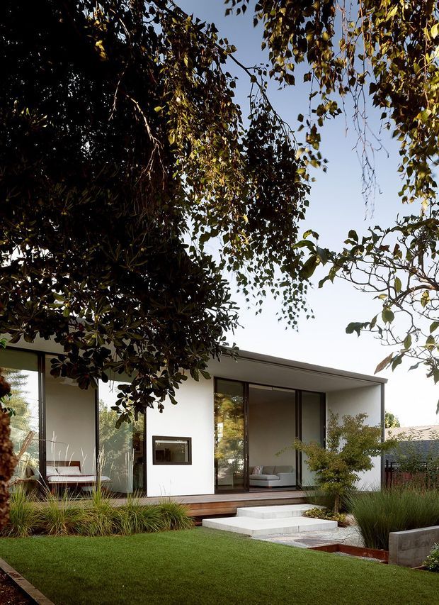 A low, modern single-storey house set within a landscaped garden. The white rendered facade has a thin flat roof, extensive floor-to-ceiling glazing with dark frames, a timber entry deck, and broad concrete steps. Mature overhanging trees, ornamental grasses, clipped lawn, raised garden beds, and a partially visible neighbouring roof surround the home.