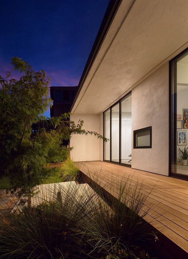 Twilight exterior view of a contemporary home with a pale textured rendered facade, deep roof overhang, dark-framed floor-to-ceiling glazing, and a projecting timber deck walkway. Dense ornamental planting fills the foreground and a warmly lit interior is visible through the windows.
