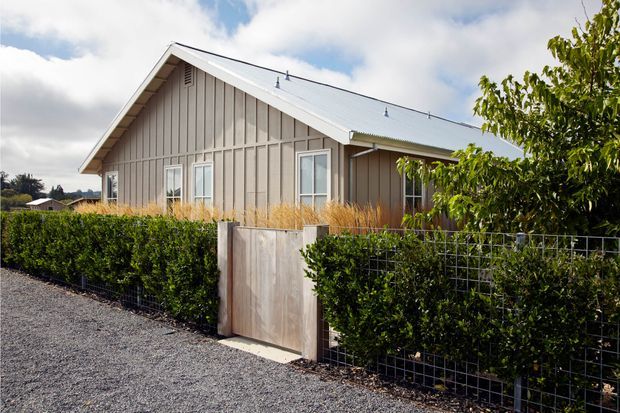 Exterior view of a compact single-storey gable-roof home with pale vertical weatherboard cladding, white-framed windows, and a light corrugated metal roof. The house is screened by neatly trimmed hedges and ornamental grasses, with a gravel driveway or path in the foreground and a simple metal-mesh boundary fence.