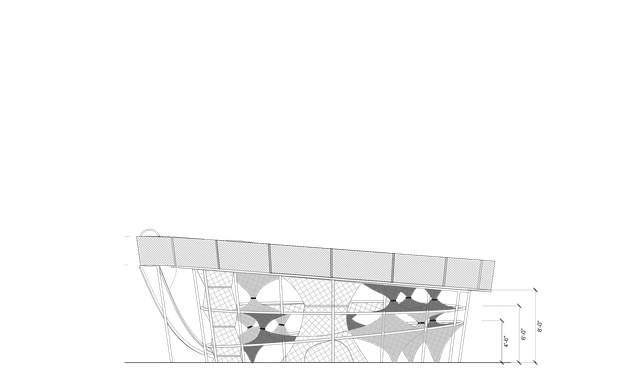 A cropped architectural elevation or conceptual rendering of a modern elevated building with a broad, gently curved roof canopy, slender structural supports, and a patterned, translucent-looking facade beneath. The drawing is presented against a plain dark blue-grey background with sparse dimension lines at the right.