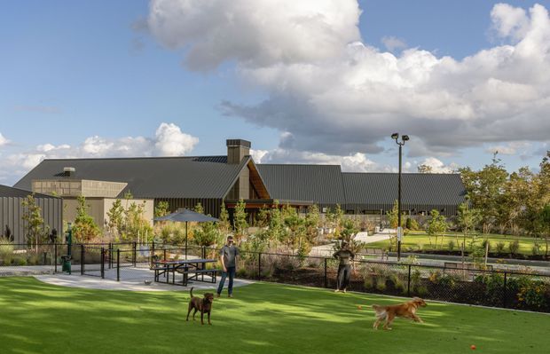 A wide exterior view of a low-rise building with a prominent dark pitched metal roof, gabled timber-clad entrance feature, pale masonry walls, and a chimney. The building sits within landscaped grounds featuring lawns, planted garden beds, fencing, paved paths, outdoor seating, and a recreational lawn with people and dogs. Bright blue sky and dramatic clouds form the background.