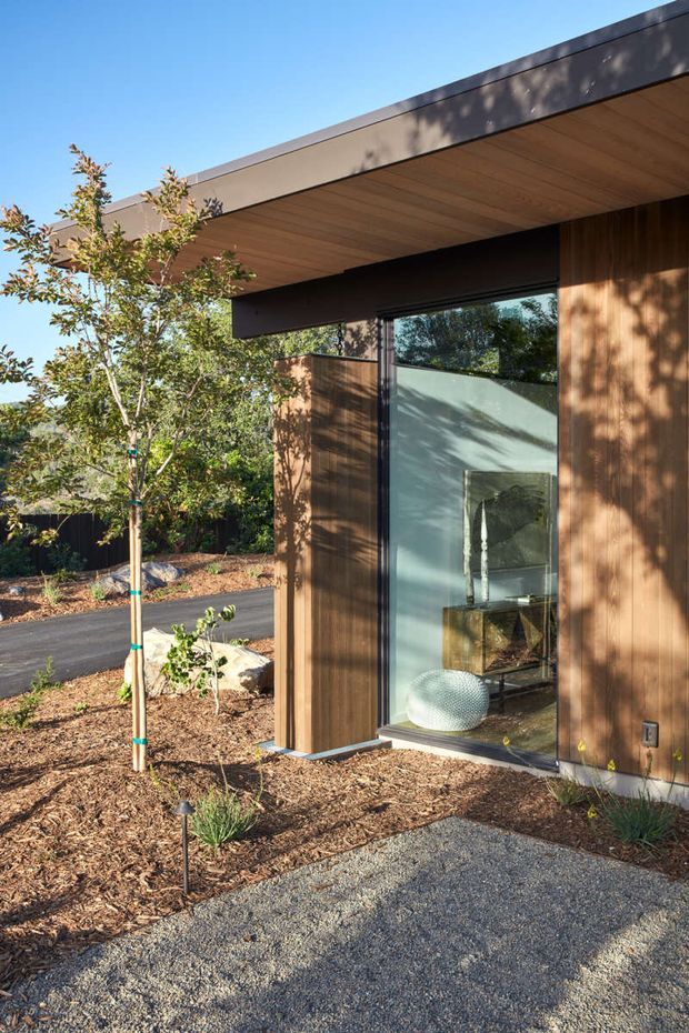 Exterior view of a contemporary low-profile building with warm vertical timber cladding, a broad flat roof with timber soffit, and large floor-to-ceiling glazing. A gravel pathway, landscaped garden bed, young tree, and dark paved driveway surround the facade. Interior furnishings are faintly visible through the glass.