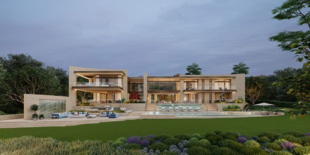 A wide architectural rendering of a large, contemporary multi-storey residence set within a landscaped garden. The building features a warm beige masonry or rendered facade, extensive floor-to-ceiling glazing, projecting box-like volumes, balconies, recessed terraces, and a long swimming pool along the front. Layered planting and a broad lawn occupy the foreground beneath an overcast sky.