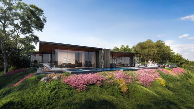 A low-profile contemporary residence set into a landscaped sloping site, viewed from the garden. The building has broad floor-to-ceiling glazing, dark slim-framed openings, warm timber-toned soffits or cladding, and a flat roofline. A long linear pool and outdoor terrace run along the facade, with extensive pink flowering groundcover and mature trees in the foreground and around the property.