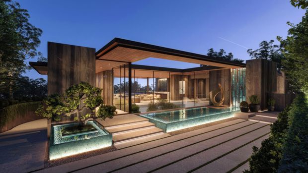 A refined single-storey modern residence at dusk, composed of broad flat roof planes, timber-clad volumes, extensive floor-to-ceiling glazing, and a sheltered courtyard terrace. A narrow illuminated swimming pool and raised planted water feature sit in front of the living spaces, with large linear paving slabs and landscaped planting framing the approach.