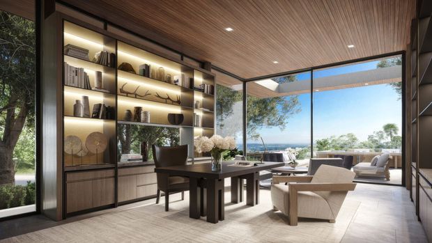 A refined contemporary home office or study with a dark timber built-in library and illuminated shelving, a substantial desk, and upholstered lounge seating. The room features extensive floor-to-ceiling glazing opening toward a landscaped outdoor terrace and distant coastal or ocean views. A warm timber slatted ceiling, dark-framed glazing, neutral furnishings, and integrated lighting create a luxurious, calm atmosphere.