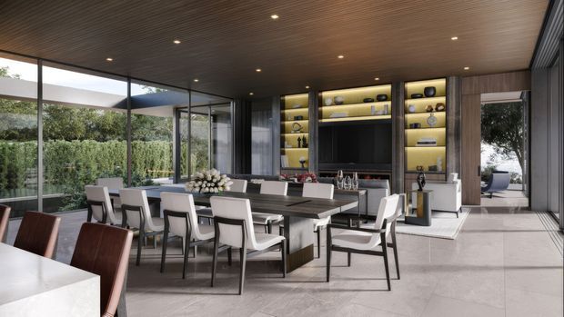 A sophisticated open-plan dining and living space with a large dining table and upholstered chairs in the foreground, opening to a lounge and built-in entertainment wall. Floor-to-ceiling glazing connects the room to a landscaped garden, while the dark timber slatted ceiling, pale stone-look flooring, and illuminated yellow-toned display shelving create a refined contemporary atmosphere.
