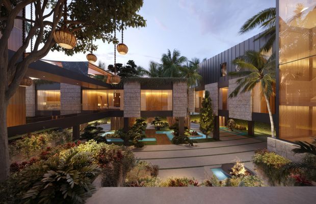 A dusk architectural rendering of a sophisticated tropical courtyard residence. Dark contemporary volumes with extensive warm-lit glazing are arranged around landscaped garden beds, shallow reflecting pools, stepped paths, stone-clad columns, and mature tropical planting. Hanging woven pendant lights and palm trees contribute to the resort-like atmosphere.