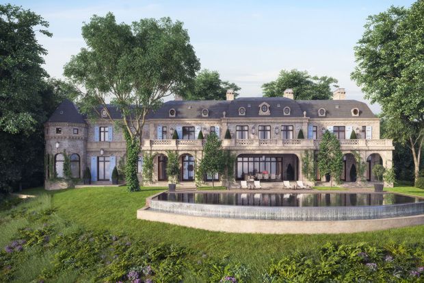A large, symmetrical two-storey mansion set within landscaped grounds, featuring a long stone-clad facade, a dark mansard-style roof with repeated dormer windows and oculi, ornate classical detailing, arched openings, balustraded balconies, and a broad reflecting pool or swimming pool in the foreground.