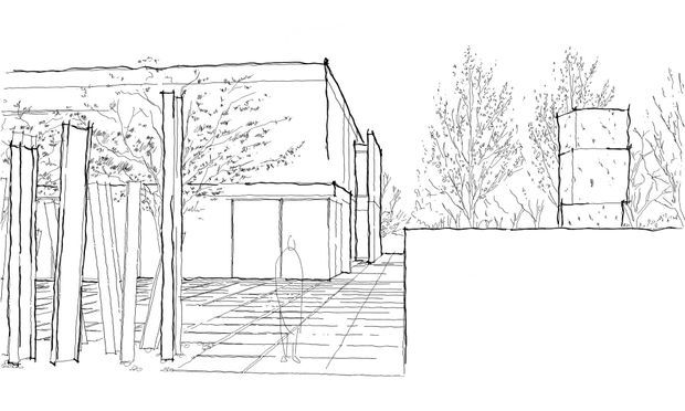 Monochrome architectural perspective sketch depicting a modern pavilion or building opening onto a large tiled terrace. Slender vertical tree trunks or structural posts frame the left side, while a simple rectilinear building with broad glazing and a projecting upper volume occupies the centre. A separate cylindrical or stacked sculptural form and lightly sketched trees appear in the background. The image is an early conceptual architectural drawing rather than a finished interior or exterior photograph.