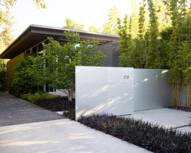 Exterior view of a contemporary single-storey residence partially screened by mature landscaping. The home features dark horizontal cladding, a broad low-pitched roof with deep overhanging eaves, extensive glazing, and a minimalist white rendered or panelled boundary wall. A pale concrete driveway and dark linear planting beds complete the landscaped frontage.