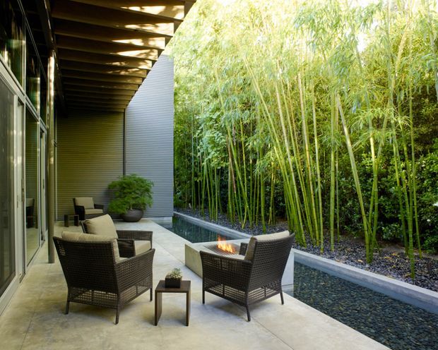 A covered outdoor terrace with dark timber pergola beams, floor-to-ceiling glass doors, concrete paving, and woven outdoor lounge chairs arranged around a small fire feature. A narrow linear water feature borders a dense bamboo garden, creating a secluded and tranquil courtyard-like setting.