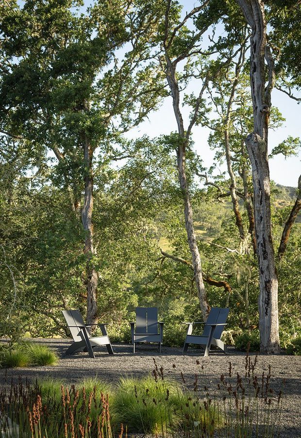 An outdoor seating area set within a wooded, landscaped garden. Three dark-framed lounge chairs are arranged on a broad gravel surface beneath mature trees, with ornamental grasses and natural planting in the foreground and a sunlit, rolling landscape beyond.