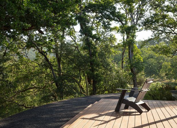 A timber deck terrace extends into a wooded landscape, furnished with two reclining outdoor lounge chairs. Dense native-looking trees surround the deck, with a gravel or dark finished surface adjoining the timber decking and a leafy hillside visible beyond.