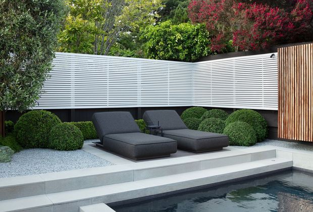 A contemporary landscaped pool courtyard with two dark upholstered loungers on a raised pale stone terrace beside the water. Rounded clipped shrubs, gravel groundcover, dense planting, a horizontal white louvred privacy screen, and a vertical timber slat gate create a refined outdoor retreat.