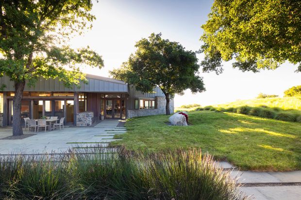 A low, contemporary single-storey building set within a landscaped grassy site. The facade combines extensive timber-framed glazing, dark vertical cladding, and a low pitched roof, with a stone-clad wall section. A paved terrace with outdoor dining furniture sits beside the building, connected to paths through ornamental grasses and lawn. Mature trees frame the scene in warm late-day sunlight.