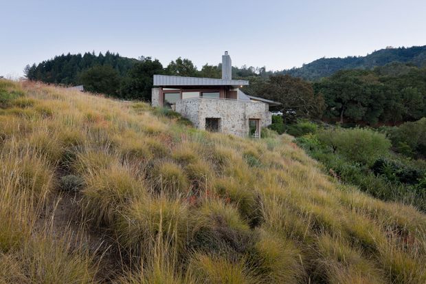 A modern low-profile house set into a sloping, grassy hillside. The building combines a flat metal roof, extensive glazing, dark timber or metal framing, and rough natural stone walls. Surrounding vegetation includes tall native grasses, dense shrubs, and forested hills, creating a strongly integrated rural or bush setting.