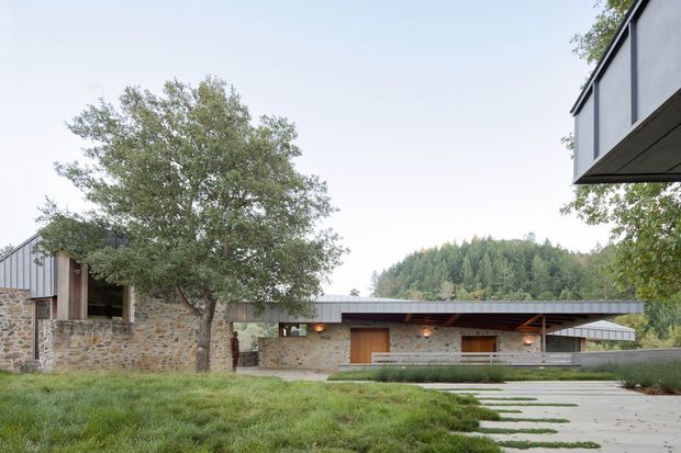 A low-slung contemporary residential compound set in a landscaped rural or wooded setting. The buildings combine rough natural stone walls with dark metal roof planes, timber doors, and large areas of glazing. A broad paved path with grass joints leads toward the entrance, while mature trees and a forested hillside form the background. The composition highlights horizontal rooflines, courtyard-like connections, and a restrained natural material palette.