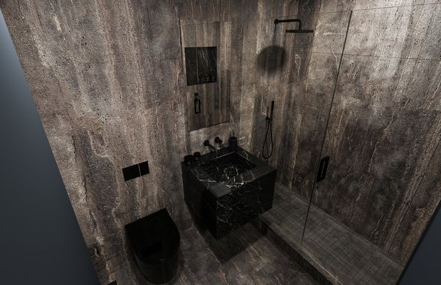 Dark, dramatic contemporary bathroom with large-format grey stone-look wall and floor tiles, a black marble-look floating vanity with vessel basins, matte black tapware and shower fittings, a wall-hung toilet, and a frameless glass shower enclosure.