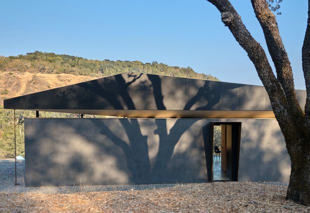 A minimalist single-storey building set into a dry, hilly landscape. The facade uses dark charcoal cladding or panels above a pale grey wall, with a strongly projecting low-pitched roof and a narrow horizontal opening between facade levels. A recessed doorway opens into the interior. Tree shadows fall across the facade, and a mature tree dominates the right foreground.