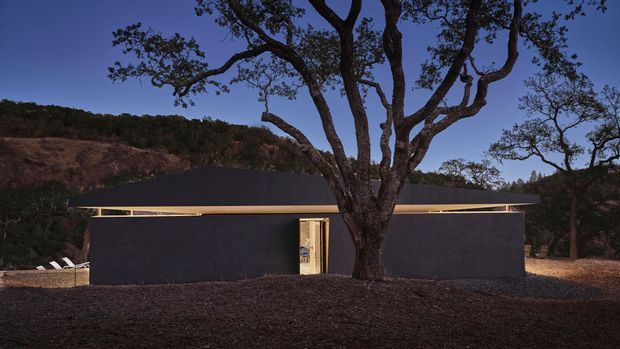 A low, single-storey contemporary building set among mature trees on a wooded, sloped site. The dark, largely windowless facade has a long horizontal roofline with warm timber-toned trim and a narrow illuminated doorway, creating a minimalist, discreet architectural composition at dusk.