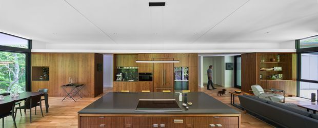Wide panoramic view of an open-plan contemporary kitchen and living area. The kitchen features extensive warm timber wall cabinetry, a large dark island with integrated cooktop and seating, built-in appliances, and open shelving. The adjoining lounge has a dark sofa and armchairs, with large black-framed windows bringing in views of greenery. The space has a bright, refined, low-clutter character and a flat, minimalist ceiling.