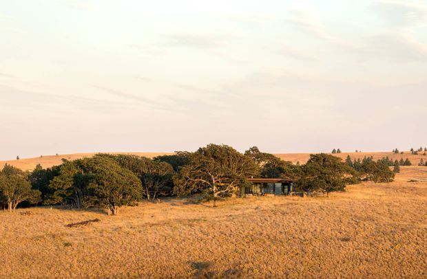 A wide rural landscape with a small, low-profile modern building partially sheltered among mature trees. Dry golden grass and cultivated fields extend across gently rolling terrain under a pale sky. The structure appears dark-clad with large glazed openings, but architectural details are limited by distance.