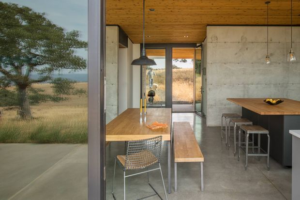A contemporary open-plan kitchen and dining area viewed through large glazing, with a warm timber ceiling, polished concrete floor, exposed concrete walls, timber dining table and island benchtop, stools, pendant lighting, and a built-in bench. The glazing looks onto a dry rural landscape with a mature tree.