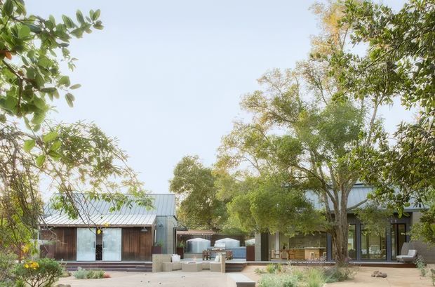 A low-profile contemporary house nestled among mature trees, viewed from a landscaped outdoor area. The home features pale grey standing-seam metal roofing, dark timber or brown cladding, extensive floor-to-ceiling glazing, and a central paved courtyard with outdoor seating and a small pool or water feature. The setting is leafy and serene, with a warm neutral landscape and abundant greenery.