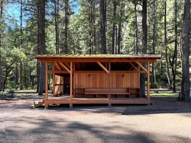 A small open-sided timber pavilion or shelter set within a dense forest clearing. The structure has a low flat roof, exposed timber posts and diagonal roof bracing, vertical timber wall panelling at the rear, built-in timber bench seating and shelving, and a gravel ground surface. The scene is naturally lit and strongly integrated with the surrounding woodland.