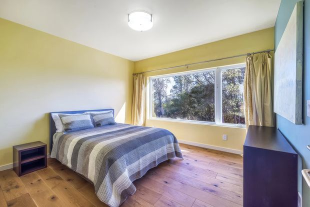 Bright bedroom with a double bed, striped blue-and-neutral bedding, warm timber flooring, pale yellow walls, a blue accent wall, bedside table, dark built-in cabinetry, and a large curtained window overlooking trees.