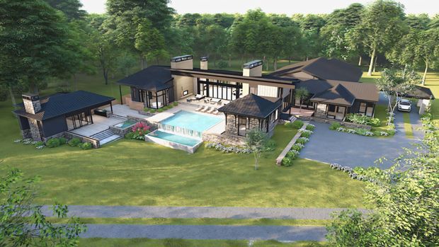 Aerial architectural rendering of a large, low-rise residential estate set within a densely wooded landscape. Several dark-roofed pavilion-like buildings surround a central courtyard with a swimming pool, terraces, landscaped paths and a broad lawn. The main building has extensive glazing and a long, low horizontal form, while a driveway and parking area are visible to the right.
