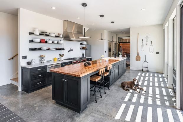 Bright, spacious contemporary kitchen with a large central island featuring a warm timber benchtop and dark painted cabinetry. The room includes open shelving, integrated appliances, a stainless steel rangehood, pendant lights, concrete-look tiled flooring, and full-height glazing along one side. A dog is lying on the floor near the glazed wall, and a hallway or stair access is visible beyond the kitchen.