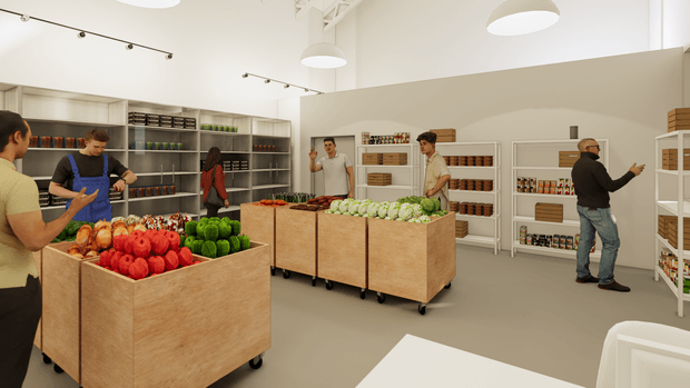 Bright contemporary grocery or fresh-produce shop interior with pale neutral walls, a smooth grey floor, open white shelving, and large wheeled plywood produce display islands. Several people are browsing and working among neatly arranged fruit, vegetables, jars, and packaged goods. The space has a high ceiling with large white pendant lights and track lighting, creating a clean, airy retail environment.