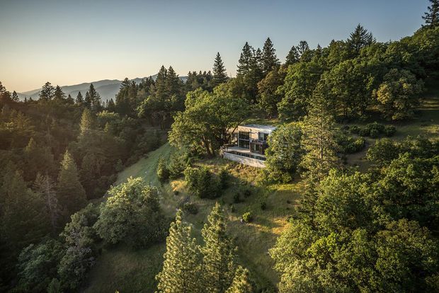 Aerial or elevated view of a compact contemporary house nestled into a steep, heavily forested hillside. The dwelling has extensive glazing, a light-toned low-pitched or flat roof, and a terrace or deck facing the wooded valley. Dense evergreen and deciduous vegetation surrounds the home, with distant wooded hills visible beyond.