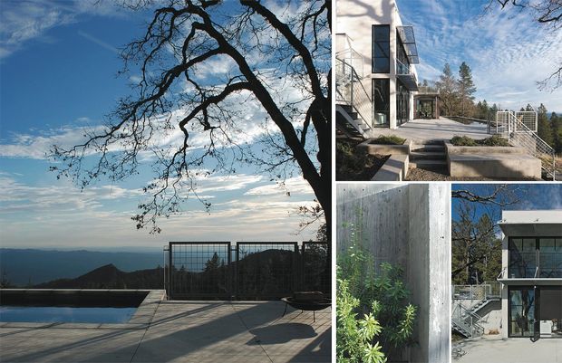 Composite exterior architectural photograph showing a modern multi-level home on a sloping, elevated site. The main view features a paved terrace and swimming pool overlooking distant mountain or valley scenery, framed by a large mature tree. Smaller views show concrete steps, dark metal-framed glazing, a balcony, exposed concrete walls, and a flat-roofed contemporary facade.