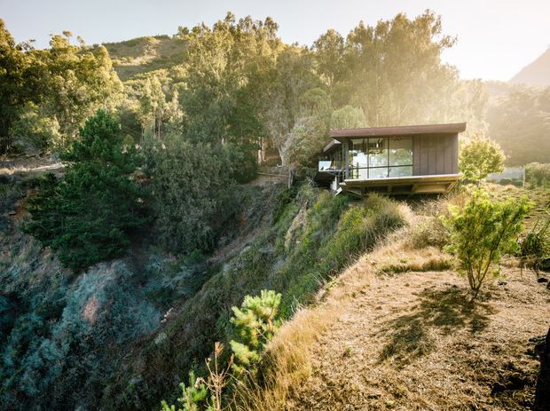 A compact modern pavilion-like house set into a steep, densely vegetated hillside. The building features a low-profile flat roof, extensive floor-to-ceiling glazing, warm timber-toned cladding, and a projecting deck or platform overlooking the surrounding bush landscape. Golden late-afternoon light creates a quiet, natural setting.