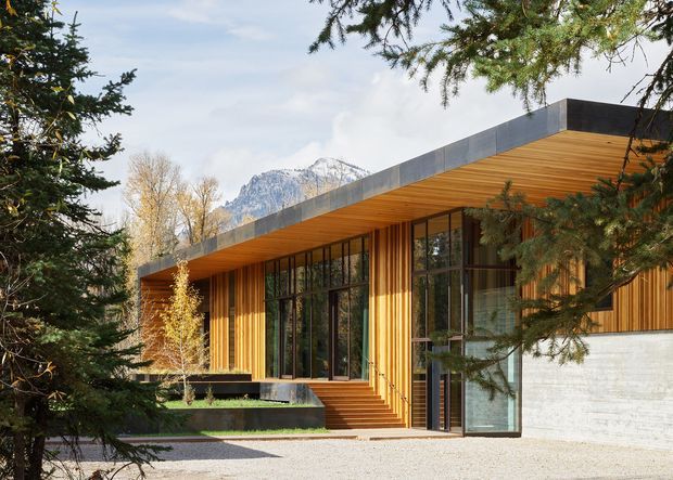 Exterior view of a contemporary single-storey mountain residence with a broad flat roof, warm vertical timber cladding and soffits, extensive dark-framed glazing, and a pale concrete masonry wall. Steps lead to the glazed entrance, with mature conifers and a dramatic mountain backdrop.