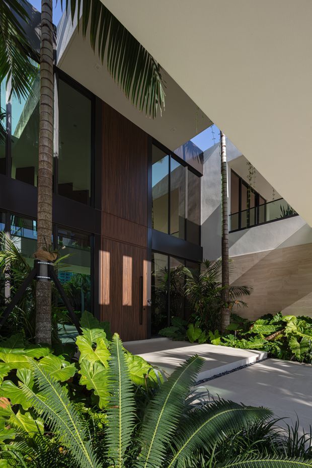 A contemporary two-storey residential facade viewed from a landscaped entry courtyard. The building features expansive dark-framed glazing, vertical timber wall cladding, a large projecting flat roof or canopy, a tall timber pivot door, and light stone or concrete wall surfaces. Tropical palms and lush foliage surround a pale paved path and entry terrace.